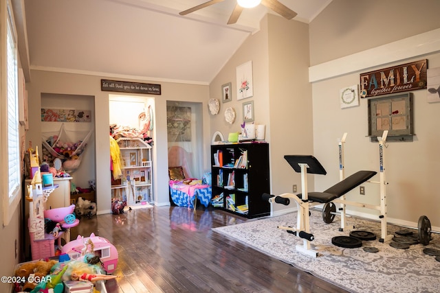 2652 S Farm Rd 51, Republic, MO 65738 - workout area featuring lofted ceiling, wood finished floors, ceiling fan, and crown molding