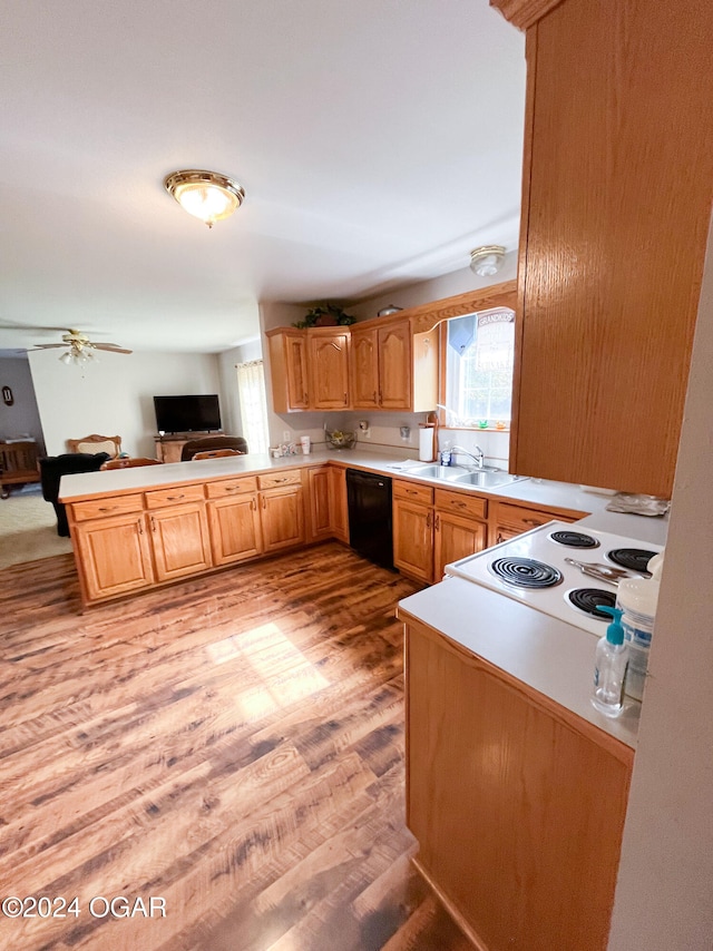 kitchen with white range with electric stovetop, black dishwasher, light hardwood / wood-style floors, kitchen peninsula, and ceiling fan