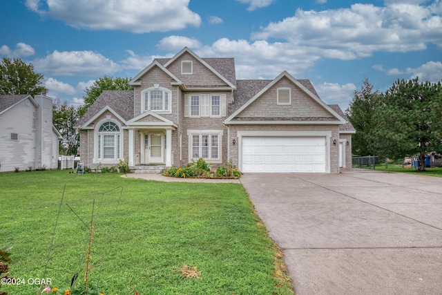 craftsman-style home featuring a front yard and a garage