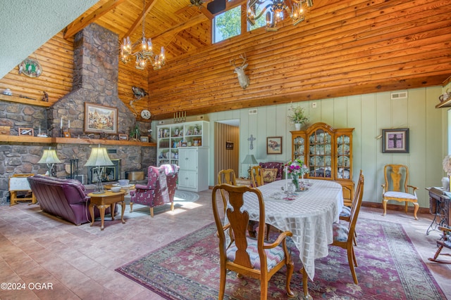 dining area featuring wood ceiling, high vaulted ceiling, an inviting chandelier, and a fireplace