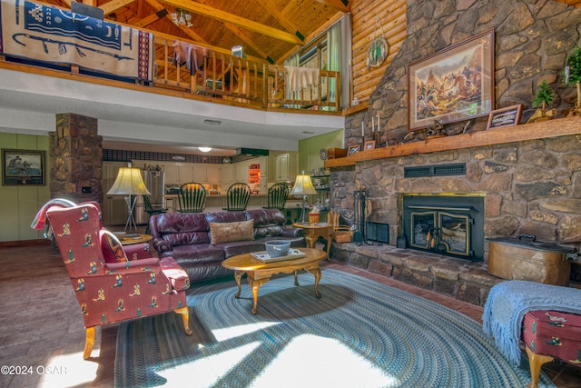 living room featuring a fireplace, wood ceiling, hardwood / wood-style floors, beam ceiling, and high vaulted ceiling