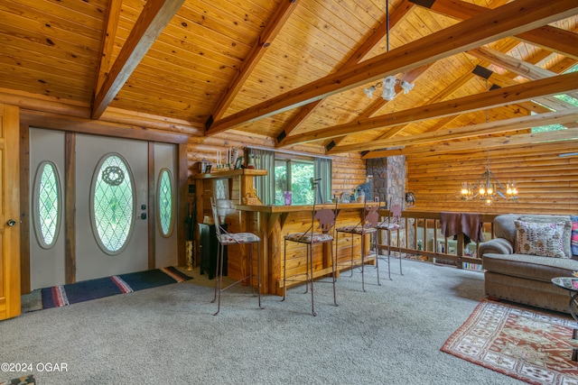 living room featuring carpet, a chandelier, wooden ceiling, vaulted ceiling with beams, and bar area