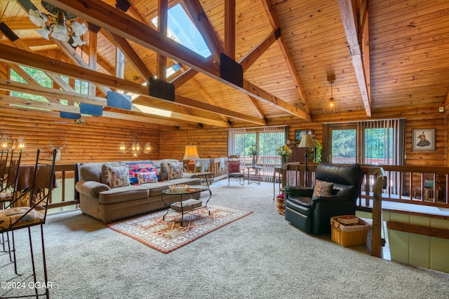 carpeted living room with beam ceiling, high vaulted ceiling, wood ceiling, and ceiling fan