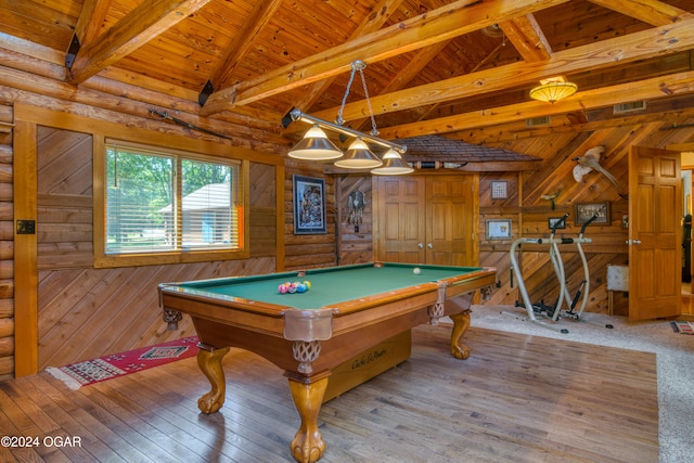 recreation room with wood ceiling, hardwood / wood-style floors, billiards, lofted ceiling with beams, and wooden walls