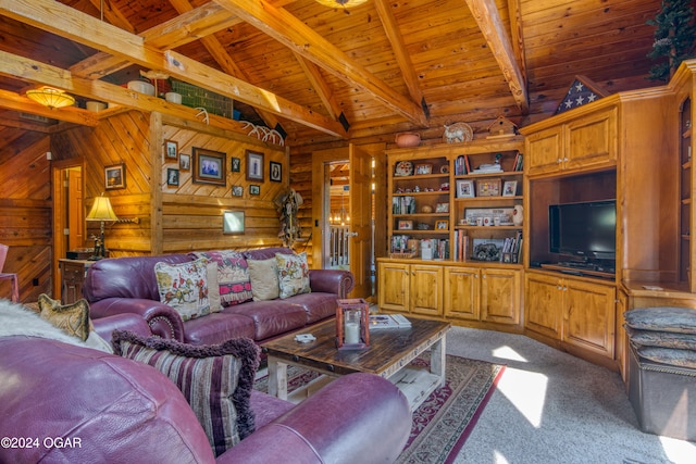 living room featuring vaulted ceiling with beams, wood ceiling, wood walls, and carpet flooring