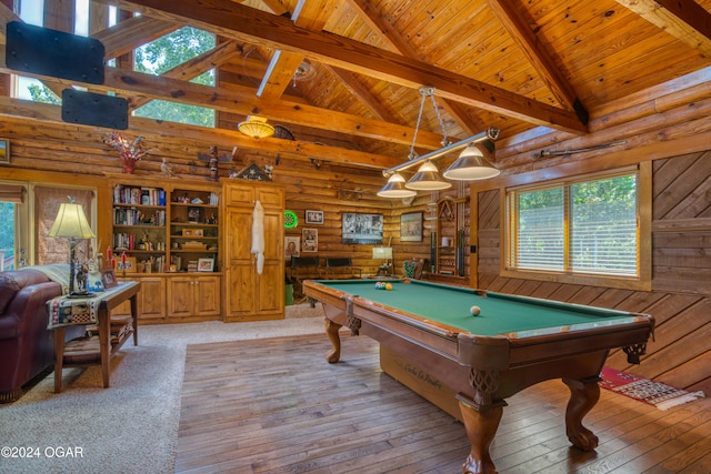 playroom featuring high vaulted ceiling, wood ceiling, wooden walls, beam ceiling, and hardwood / wood-style flooring