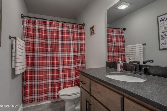 bathroom featuring vanity, curtained shower, wood-type flooring, and toilet