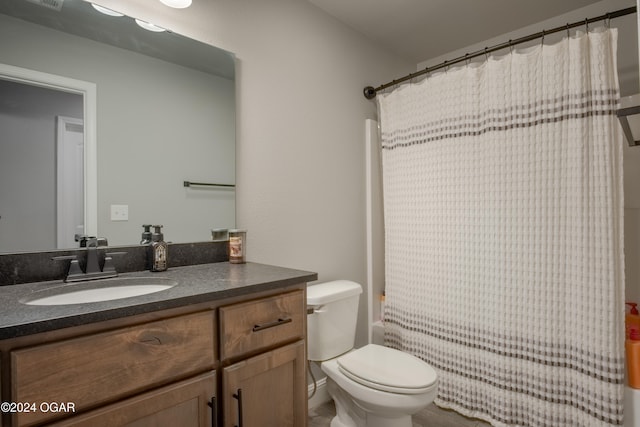 full bathroom with vanity, toilet, and shower / bathtub combination with curtain