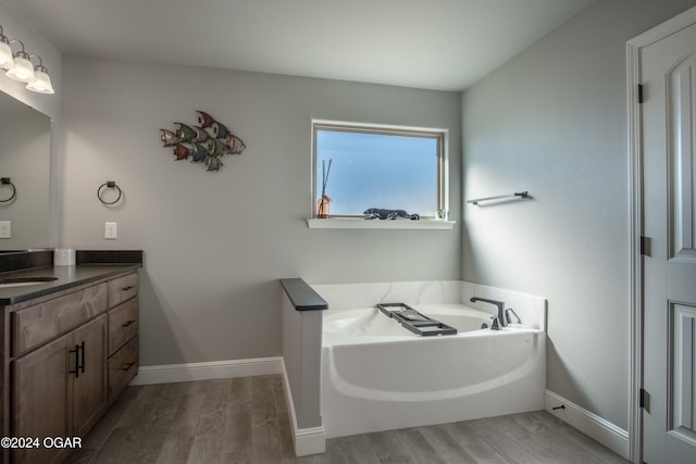 bathroom featuring vanity, hardwood / wood-style floors, and a tub