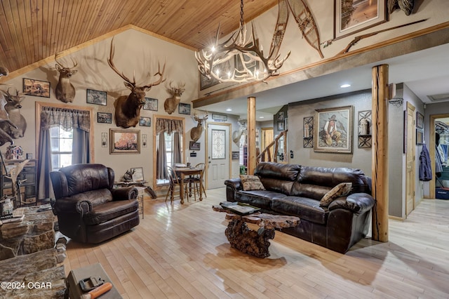 living room featuring high vaulted ceiling, wooden ceiling, wood-type flooring, and a chandelier