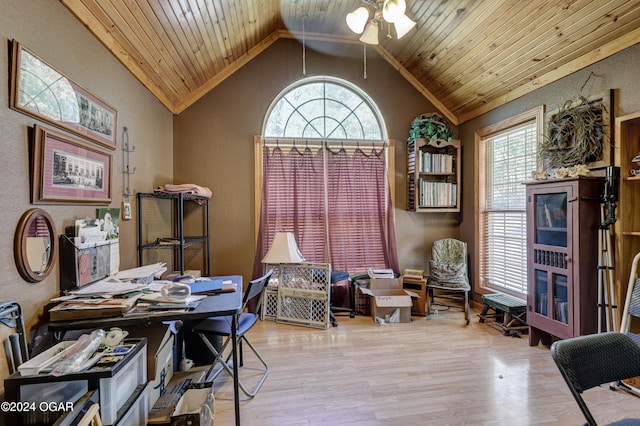 office space with ceiling fan, wooden ceiling, vaulted ceiling, and light wood-type flooring