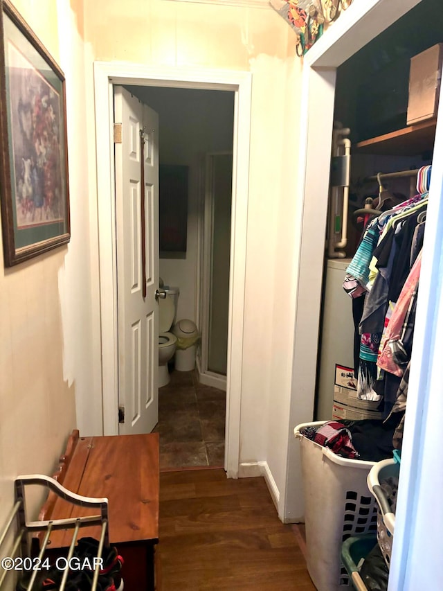 hall featuring gas water heater and dark wood-type flooring