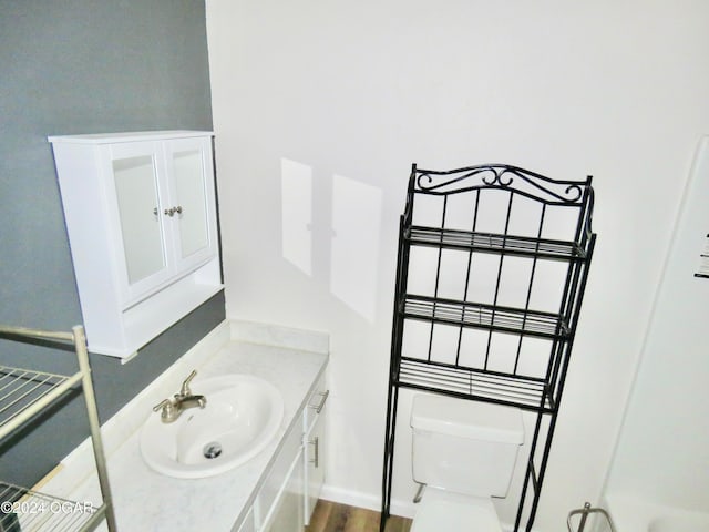 bathroom with vanity, hardwood / wood-style flooring, and toilet