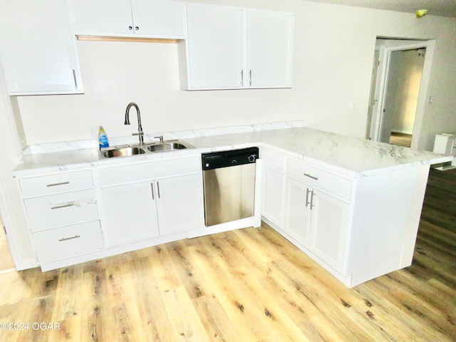 kitchen with light hardwood / wood-style flooring, kitchen peninsula, sink, stainless steel dishwasher, and white cabinetry