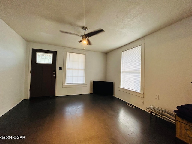 foyer featuring ceiling fan, a textured ceiling, plenty of natural light, and dark hardwood / wood-style floors