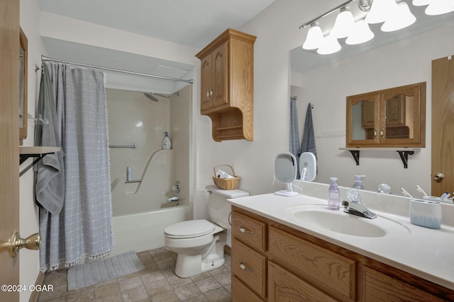 full bathroom featuring toilet, shower / bath combination with curtain, and vanity