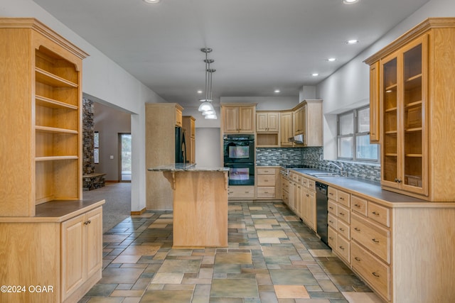 kitchen with black appliances, tasteful backsplash, light brown cabinets, hanging light fixtures, and a breakfast bar