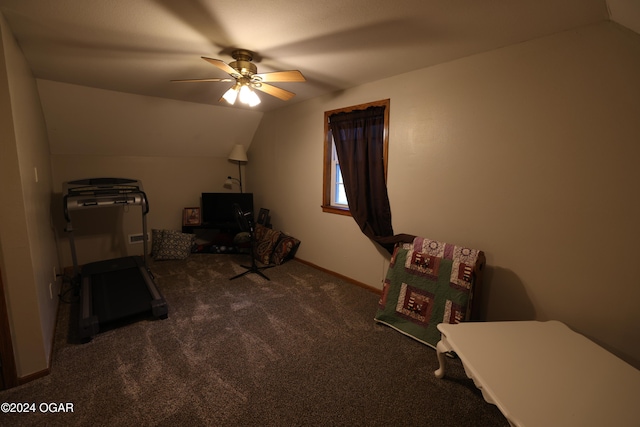 exercise room featuring lofted ceiling, carpet floors, and ceiling fan