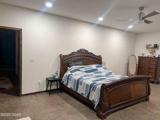 bedroom featuring carpet floors, baseboards, a ceiling fan, and recessed lighting