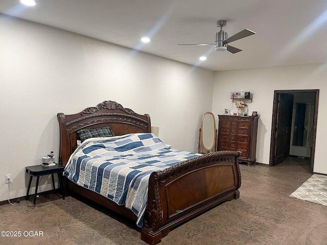 bedroom featuring baseboards, a ceiling fan, and recessed lighting