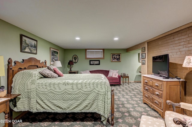 bedroom featuring recessed lighting, light carpet, and baseboards