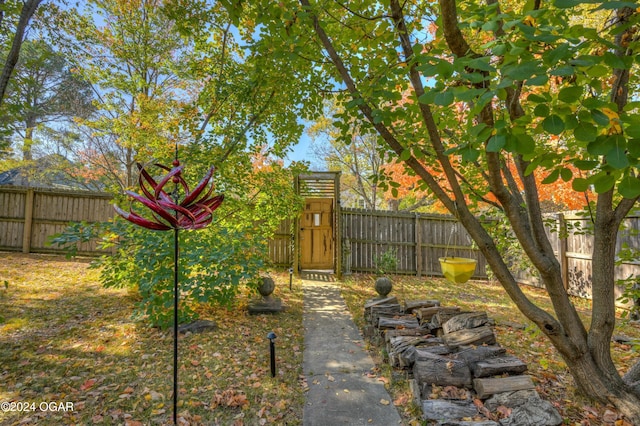 view of yard featuring a fenced backyard and a gate