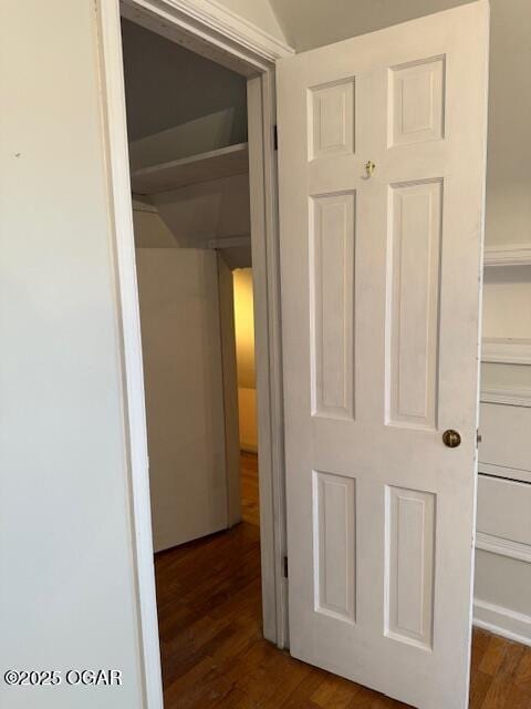 corridor featuring dark wood-type flooring