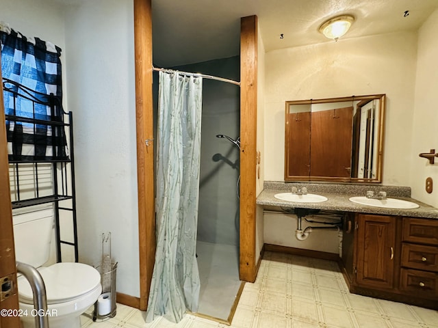 bathroom featuring vanity, toilet, and curtained shower