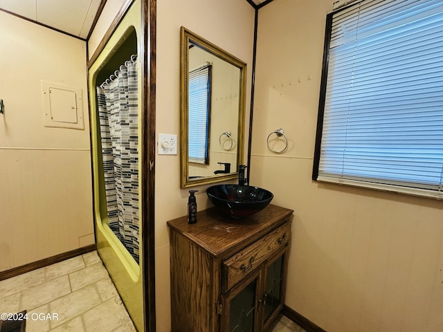 bathroom featuring vanity and walk in shower