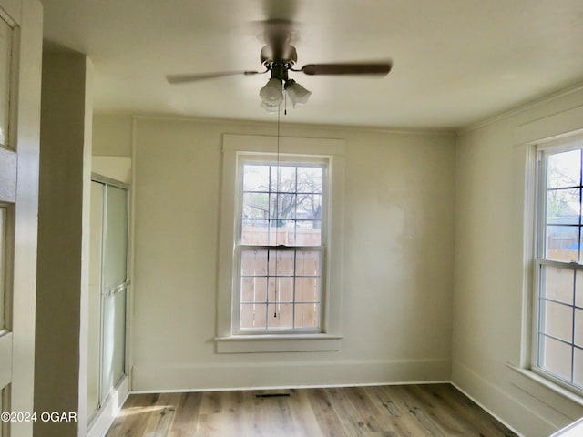 unfurnished dining area featuring a wealth of natural light, light hardwood / wood-style floors, and ceiling fan