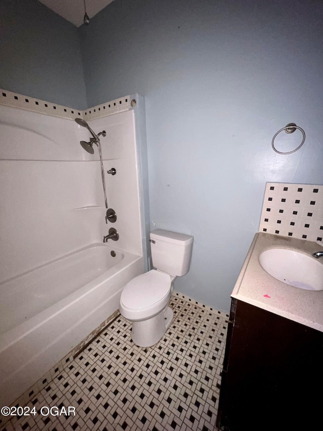 full bathroom with toilet, vanity, bathing tub / shower combination, and tile patterned floors