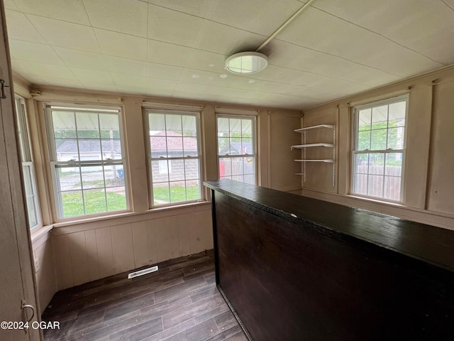 unfurnished dining area featuring dark wood-type flooring, plenty of natural light, and wooden walls