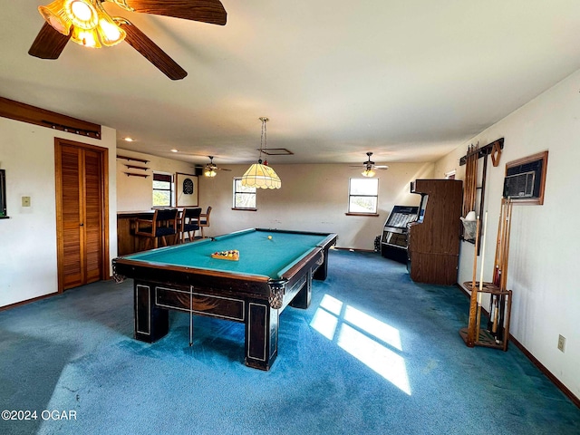 playroom featuring bar area, dark colored carpet, ceiling fan, pool table, and a wall mounted AC