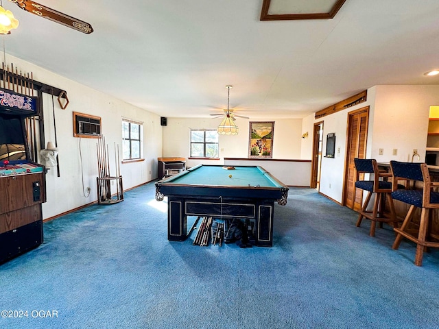 playroom with an AC wall unit, ceiling fan, dark carpet, and billiards