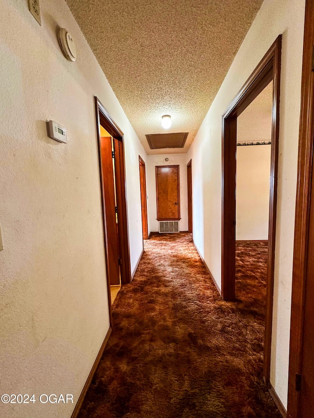 hallway featuring carpet and a textured ceiling