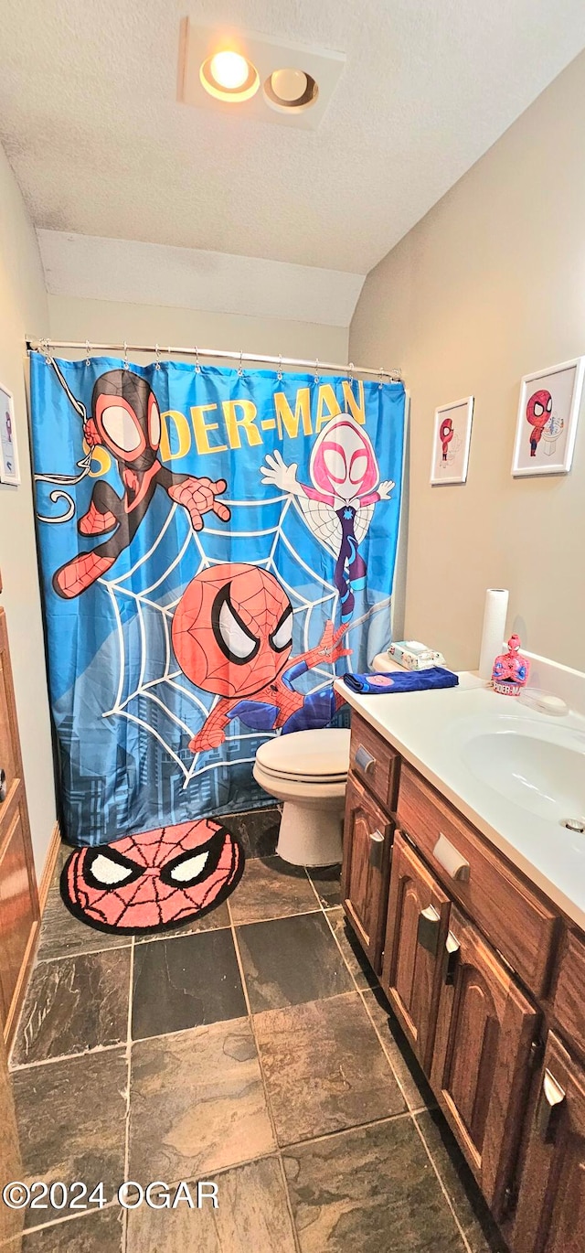 bathroom with toilet, vanity, and a textured ceiling