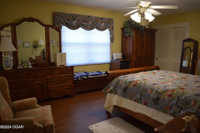 bedroom featuring a closet, ceiling fan, and dark wood-type flooring