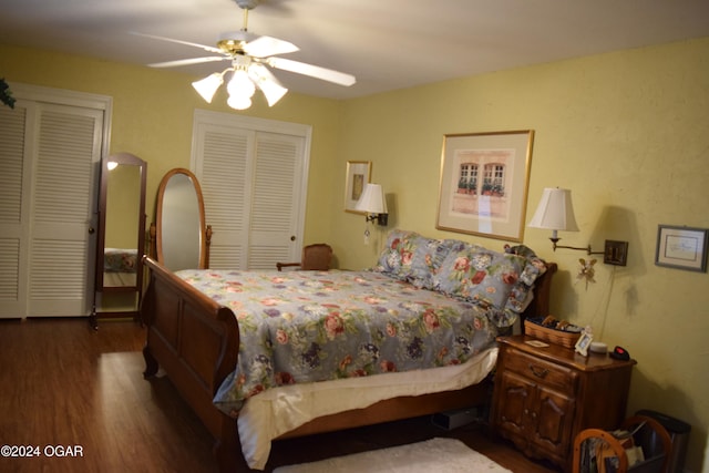 bedroom featuring a closet, ceiling fan, and dark hardwood / wood-style flooring