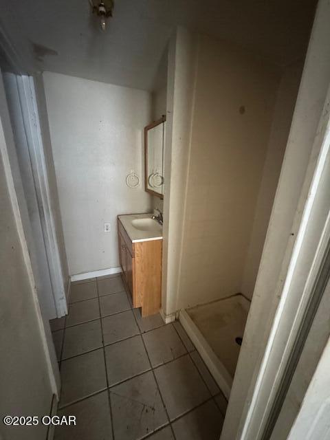 bathroom featuring tile patterned floors, vanity, and walk in shower