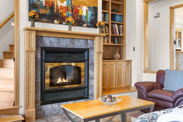 living room with a fireplace