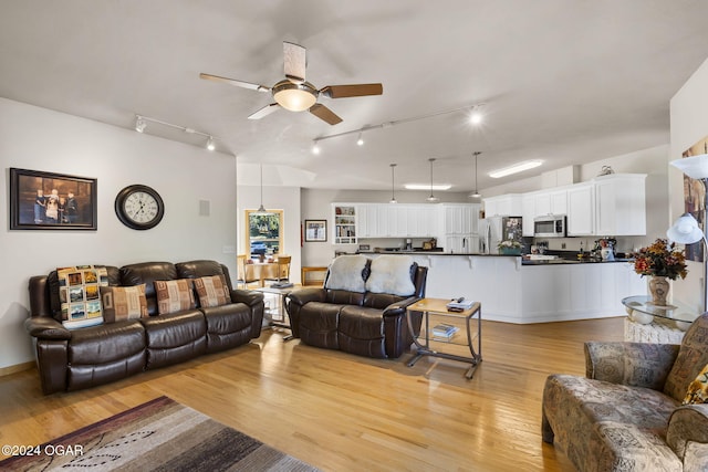 living room featuring ceiling fan, light hardwood / wood-style floors, and track lighting