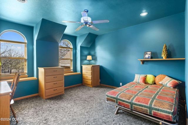 carpeted bedroom with ceiling fan and multiple windows