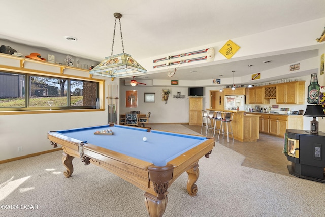 recreation room with light carpet, ceiling fan, and pool table