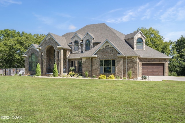 view of front of property with a garage and a front lawn