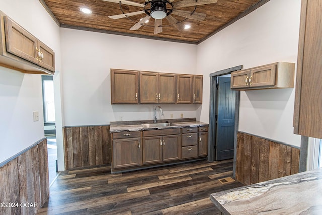 kitchen with dark hardwood / wood-style flooring, ceiling fan, sink, and wooden ceiling