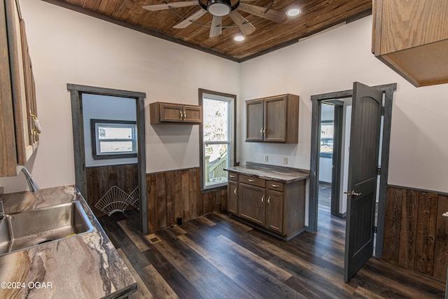 kitchen with sink, dark hardwood / wood-style floors, wood walls, and wood ceiling