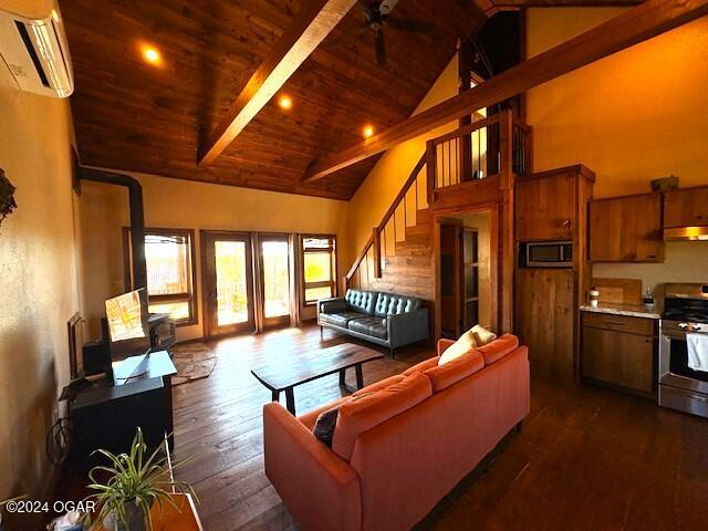 living room with wood ceiling, a wall mounted AC, dark wood-type flooring, beam ceiling, and high vaulted ceiling