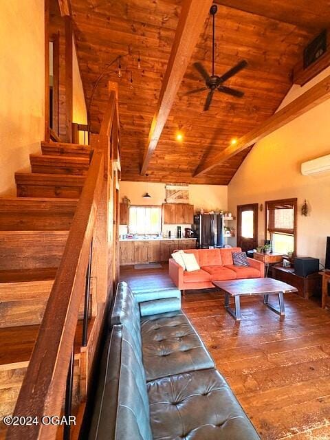 living room featuring beam ceiling, ceiling fan, high vaulted ceiling, wood-type flooring, and wood ceiling