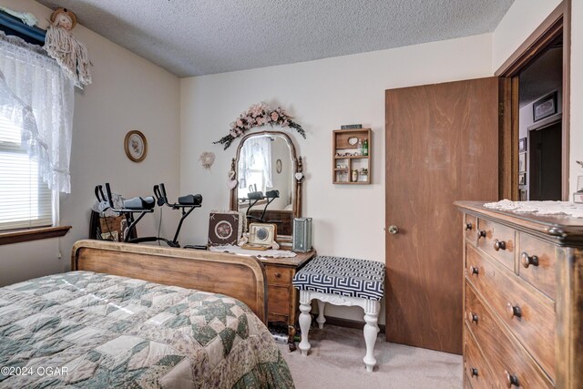 bedroom with light carpet and a textured ceiling