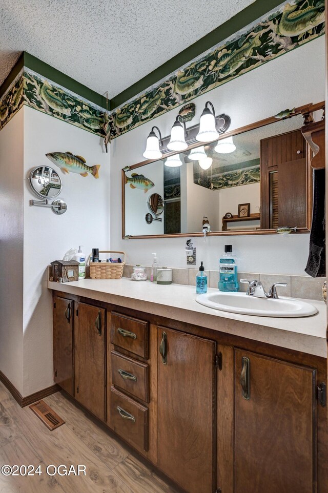 bathroom with vanity, wood-type flooring, and a textured ceiling